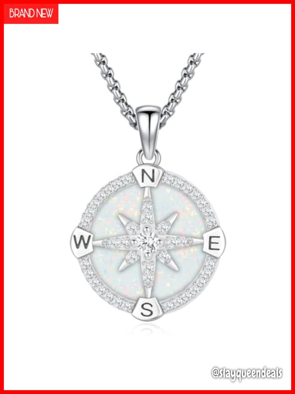Sterling Silver 925 Compass Necklace Pendant with Opal and Crystals